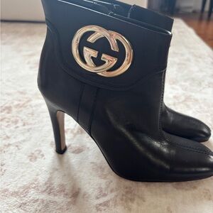 Gucci Black Heeled Boots with Silver Emblem